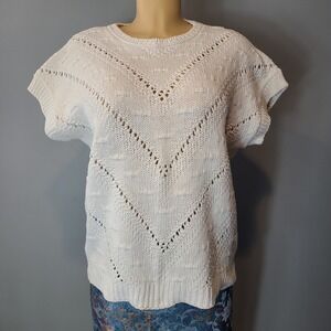 Vintage 90s Crochet Cotton White‎ Knit Cardigan Sweater Oversized Resort Cottage